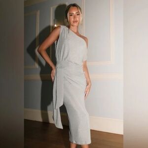 PETAL & PUP WOMENS SILVER SPARKLE MIDI LENGTH FAUX WRAP DRESS OFF SHOULDER LARGE
